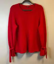 J. McLaughlin Sweater Red Wool Blend Knit w/ Cuff Ties Crew Neck Sz L GUC