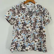 🦋 Cathy Essentials Blue Cream Floral Hawaiian Luau Short Sleeve Button Down S