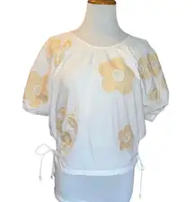 Madewell  Embroidered Poplin Puff-Sleeve Cutout Crop Top White Floral Women Large