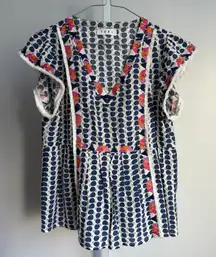 THML Tunic Top Embroidered Trim Boho Festival‎ Cottage Blue White Size S