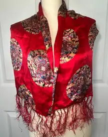 Vintage‎ Chinese Red Silk Brocade Fringe Scarf Wrap Dragon Longevity Medallion
