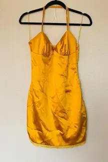 Mistress Rocks, 'Courtesan' Mustard yellow Satin Midi Dress, Size S