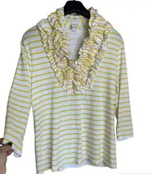 Christina Yellow Stripe Ruffle Neckline Business Casual Sweater