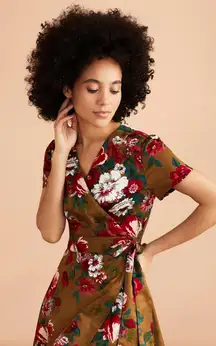 Brooks Brothers Red & Green Floral-Print Cotton Sateen Wrap Dress Size 2 XS