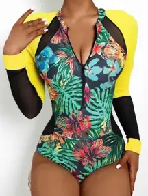 Tropical Floral Zip-Up One Piece Swimsuit 