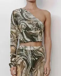 ZARA  One Shoulder Mesh Marble Print Tulle Crop Top Medium in Green