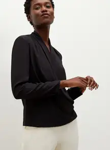 M.M.LaFleur Black V-Neck Faux Wrap Top Size M Viscose Knit Italian Fabric Work