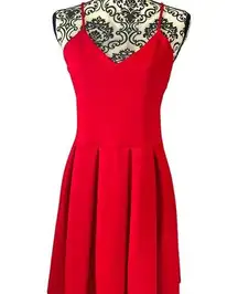 Soprano Women's V Neck Spaghetti Strap Red Fit to Flare Pleat Dress Size L.