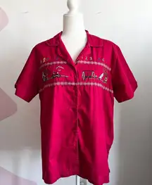 Bobbie Brooks Red Teacher Embroidered Shirt, Whimsical Retro‎ Vintage 14W/18W