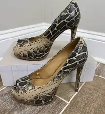 KELSI DAGGER OPEN TOE, Black Leather Snake skin High Heel, Laisey Pumps Sz‎ 8.5