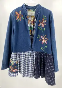 Shari b.‎ green recycled denim jacket, embroidered, floral and plaid