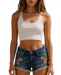 American Eagle Outfitters Blue Jean Shorts with Pink Floral Embroidery Size 8