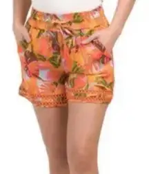 C&C CALIFORNIA | Women's Orange Tropical Floral Eyelet Linen Beach Shorts, M