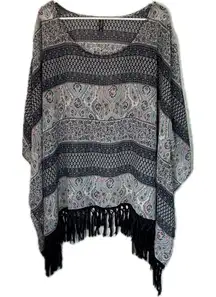 Massini‎ Black and Gray Poncho Sweater with Fringe