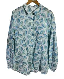 J.Jill Love Linen Coastal Button Up Top Women XL White Blue Paisley Preppy Beach