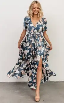 NEW Baltic Born Sicily Satin Short Sleeve Maxi Dress Floral Blue Large L NWT