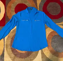 Blue Button Pocket Adjustable Sleeve Collar Work Blouse Shirt Top Medium