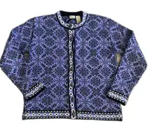LL Bean Nordic Cardigan Sweater Cotton Womens Small Snowflake Purple Button Up
