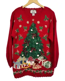 Tiara International Red Christmas Tree Sweater Womens Size S Ugly Sweater