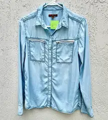 7 For All Mankind Long Sleeve Snap Button Top Light Denim Blue Women's XL fits S