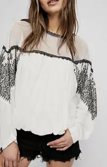 Free People Carly Embroidered Sheer Beaded Top Blouse Ivory & Black Size Small