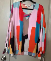 Crosby By Mollie Burch Spring Colorblock Rooney Top XL Bow Sleeve V Neck