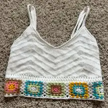 White Multi Colored Crochet Crop Tank Top W/ Adjustable Straps