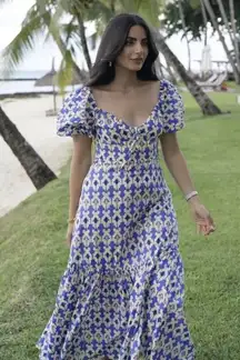 Printed Puffed Sleeve Smocked Tiered Midi Dress Blue/Cream / pink Women's Size L