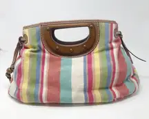 Fossil Spring Striped Fabric Cloth Satchel Crossbody Purse Bag Wooden Handles