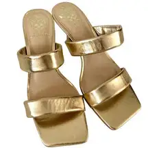 Vince Camuto Aslee Gold Metallic Two-Strap Square Toe Heeled 7 Dress Sandals