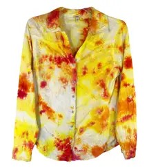 Reba‎ Medium Button Down Top Handmade Tie Dye Southern Fire Yellow Orange 1519