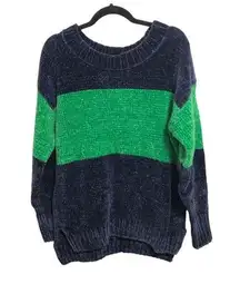 Offline by Aerie Chenille Off Shoulder Ribbed Neck Sweater Navy Green Striped S
