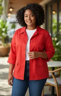 Live A Little Women Red Stretch Jacket Plus Size1X Snap 3/4-Sleeve Pockets