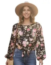 Bleuh Ciel Shirt Womens Large Black Floral Tie Front Balloon Sleeve Blouse Boho