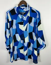 Rose Olive Shirt 3X Blue Geometric Print Button Up Statement Art To Wear Modern