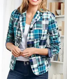 Talbots Madras Patchwork Blazer Sz 12 Turquoise Blue White Plaid
