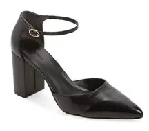 Nordstrom Pumps Size 9 Black Leather Ankle Strap Block Heel Pointed Toe
