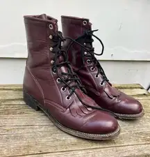 Vintage 80s Justin Boots Dark Cherry Lace Up Roper Kilte Fringe Cowgirl 5.5B