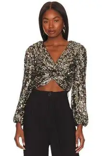 NWT Astr the Label Nix Sequin Long Sleeve Crop Top in Black & Rainbow sz S