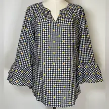 Talbots Navy And White Gingham Plaid Cotton Top Bell Sleeves Women’s Size Medium