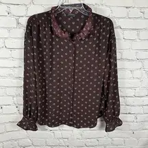 Ann Taylor Blouse Ruffled Collar Cuffs Button Down Horseshoe Horses Burgundy S