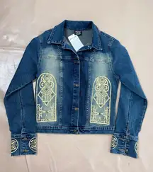 Y2K  Brazil Denim Jacket Embroidered Rhinestone Studded Rustic Biker