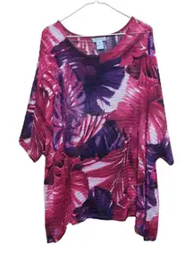 Catherines Womens Sz 3X‎ Floral Top Purple Pink Knit Tunic Artsy Boho Stretch