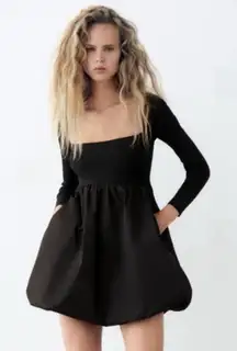Zara Voluminous Textured Black Party Dress Square Neck New Size Medium Blogger
