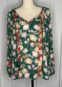 DR2 Boho Floral Frenzie long sleeve‎ v-neck Flowy Fall Green Pink Blouse size M