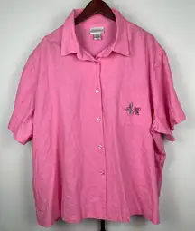 Anna Maxwell Pink Linen Blend Embroidered Floral Short Sleeve Button Up‎ Shirt