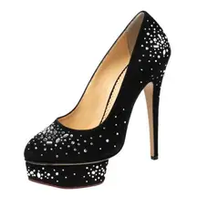 Charlotte Olympia Black Crystal Embellished Suede Dolly Platform Pumps Heels