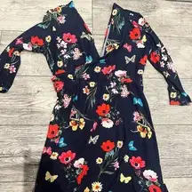 XL 15-17 Womens Blue 3/4 Sleeve Floral Dress No Boundaries NoBo V Neck