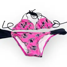 Joe Boxer new  ☼ Unicorn Print 2 Piece String Bikini Set ☼ Hot Pink Black ☼ XS