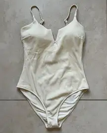 Piqué V-neck Swimsuit Cream Size XL